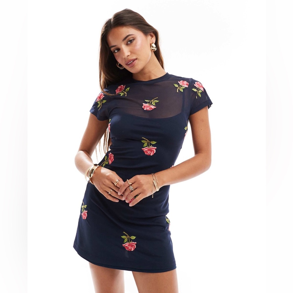 ASOS short sleeve mesh mini dress navy floral embroidery 14, indie sleeze Y2k